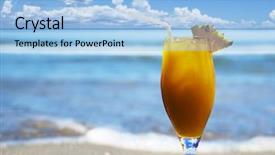  Presentation with fruit cocktail - Theme with fresh fruit cocktail on a tropical island beach background and a light blue colored foreground