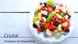 Presentation with salad - Colorful presentation design enhanced with fresh fruit salad on wooden backdrop and a sky blue colored foreground