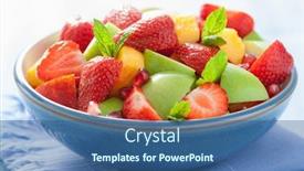  Presentation with pomegranate fruit - Colorful presentation enhanced with macedonia - fresh fruit salad with strawberry backdrop and a ocean colored foreground