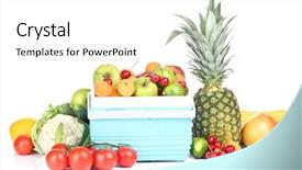  Presentation with refrigerator - Colorful presentation design enhanced with fresh fruits and vegetables in mini refrigerator isolated on white backdrop and a white colored foreground