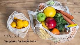  Presentation with eco bag - Audience pleasing theme consisting of fresh-fruits-and-vegetables backdrop and a coral colored foreground
