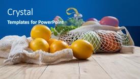  Presentation with eco plastic - Slide set enhanced with fresh-fruits-and-vegetables background and a ocean colored foreground