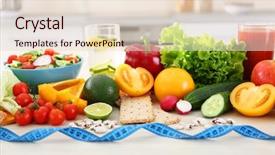  Presentation with fresh fruits vegetables - Theme with lemonade weight loss diet - fresh fruits and vegetables background and a lemonade colored foreground