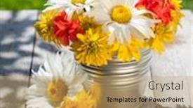  Presentation with flowers vase - Beautiful slide deck featuring fresh garden colorful flowers bouquet in vase on wooden table backdrop and a yellow colored foreground