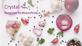  Presentation with garlic - Audience pleasing presentation design consisting of fresh garlic onion and pepper backdrop and a sky blue colored foreground