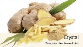  Presentation with tea leaves fresh green leaf - Theme featuring fresh ginger sliced with leaves background and a blonde colored foreground