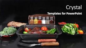  Presentation with hot sauce - Slides enhanced with fresh glazed baked big beef meat rib chunk under sweet sauce with lettuce broccoli tomatoes hot chili pepper pink peppercorn different spices on black wooden table background and a black colored foreground