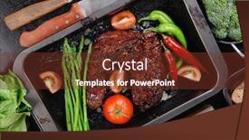  Presentation with hot sauce - Colorful PPT layouts enhanced with fresh glazed baked big beef meat rib chunk under sweet sauce with lettuce broccoli tomatoes hot chili pepper pink peppercorn different spices on black wooden table backdrop and a tawny brown colored foreground