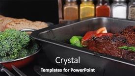  Presentation with hot sauce - PPT theme enhanced with fresh glazed baked big beef meat rib chunk under sweet sauce with lettuce broccoli tomatoes hot chili pepper pink peppercorn different spices on black wooden table background and a dark gray colored foreground