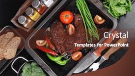  Presentation with hot sauce - Slide deck with fresh glazed baked big beef meat rib chunk under sweet sauce with lettuce broccoli tomatoes hot chili pepper pink peppercorn different spices on black wooden table background and a tawny brown colored foreground