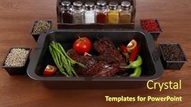  Presentation with hot sauce - Colorful PPT theme enhanced with fresh glazed baked big beef meat rib chunk under sweet sauce with tomatoes hot chili pepper asparagus different peppercorn spices in black deep tray on light walnut wooden table backdrop and a tawny brown colored foreground