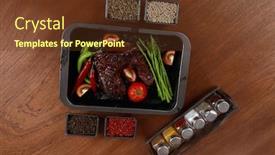  Presentation with hot sauce - PPT theme featuring fresh glazed baked big beef meat rib chunk under sweet sauce with tomatoes hot chili pepper asparagus different peppercorn spices in black deep tray on light walnut wooden table background and a tawny brown colored foreground