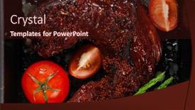  Presentation with hot sauce - PPT layouts enhanced with fresh glazed baked big beef meat rib chunk under sweet sauce with tomatoes hot chili pepper asparagus different peppercorn spices in black deep tray on light walnut wooden table background and a wine colored foreground