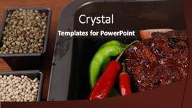  Presentation with hot sauce - Slide deck with fresh glazed baked big beef meat rib chunk under sweet sauce with tomatoes hot chili pepper asparagus different peppercorn spices in black deep tray on light walnut wooden table background and a tawny brown colored foreground