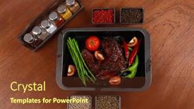  Presentation with hot sauce - Colorful PPT theme enhanced with fresh glazed baked big beef meat rib chunk under sweet sauce with tomatoes hot chili pepper asparagus different peppercorn spices in black deep tray on light walnut wooden table backdrop and a tawny brown colored foreground