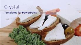  Presentation with feta cheese - Colorful PPT theme enhanced with fresh greek feta cheese sandwich on wooden plate with hot green olives and black goat cube tomatoes kale over table backdrop and a sky blue colored foreground