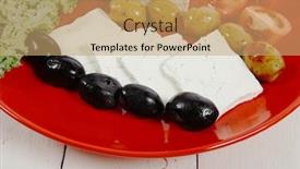  Presentation with feta cheese - Slide deck featuring fresh greek feta cheese sandwich on red plate with hot green olives and black goat cheese cube tomatoes kale over retro table background and a coral colored foreground