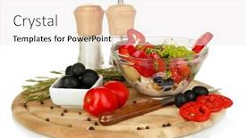  Presentation with greek - Slides consisting of fresh greek salad in glass bowl surrounded by ingredients for cooking isolated on white background and a white colored foreground