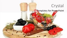  Presentation with greek - Theme enhanced with fresh greek salad in glass bowl surrounded by ingredients for cooking isolated on white background and a sky blue colored foreground