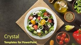  Presentation with greek - Presentation design consisting of fresh greek salad in plate and ingredients on stone table background and a tawny brown colored foreground