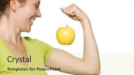  Presentation with golden apple - Presentation theme with fresh green golden delicious apple floating above smiling woman's arm suggesting strength and energy isolated on white background background and a yellow colored foreground