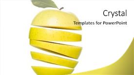  Presentation with golden apple - Presentation having fresh green golden delicious apple cut into slices floating on top of each other isolated on white background background and a white colored foreground