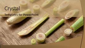  Presentation with sliced fresh papaya on wooden - Slide set with fresh green lemongrass slices background and a coral colored foreground