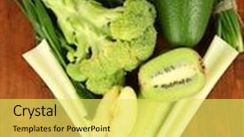  Presentation with fresh fruits vegetables - Slide set enhanced with fresh green vegetables and fruits on wooden background background and a yellow colored foreground