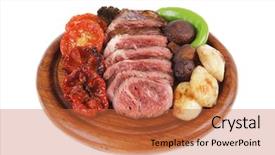  Presentation with bbq - PPT theme featuring fresh grilled bbq beef meat rib eye steak on wooden plate with baked tomatoes mushroom potatoes hot chili pepper isolated on white backgrodun empty space for text background and a red colored foreground