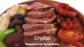  Presentation with bbq - Slide deck enhanced with fresh grilled bbq beef meat rib eye steak on wooden plate with baked tomatoes mushroom potatoes hot chili pepper isolated on white background empty space for text background and a tawny brown colored foreground