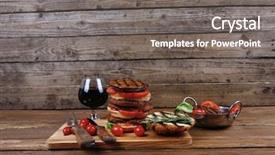 Presentation with hamburger - Theme featuring fresh grilled beef double huge hamburger served on wooden plate with wine cherry tomatoes and rosemary over table background and a gray colored foreground