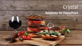  Presentation with hamburger - Slide deck enhanced with fresh grilled beef double huge hamburger served on wooden plate with wine cherry tomatoes and rosemary over table background and a gray colored foreground
