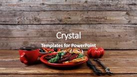  Presentation with green coffee - Beautiful slides featuring fresh grilled beef hamburger served on red plate with black coffee glass chili pepper olives green kale leaves mushroom bell garlic and forged vintage antique cutlery wooden table empty space for text backdrop and a violet colored foreground