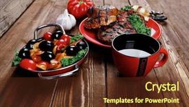  Presentation with green coffee - Amazing PPT layouts having fresh grilled beef hamburger served on red plate with black coffee glass chili pepper olives green kale leaves mushroom bell garlic and forged vintage antique cutlery over wooden table backdrop and a tawny brown colored foreground