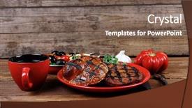  Presentation with green coffee - Slide deck consisting of fresh grilled beef hamburger served on red plate with black coffee glass chili pepper olives green kale leaves mushroom bell garlic forged vintage antique cutlery wooden table empty space for text background and a violet colored foreground