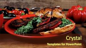  Presentation with green coffee - Colorful PPT layouts enhanced with fresh grilled beef hamburger served on red plate with black coffee glass chili pepper olives green kale leaves mushroom bell garlic and forged vintage antique cutlery over wooden table backdrop and a tawny brown colored foreground