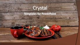  Presentation with green coffee - Slide set featuring fresh grilled beef hamburger served red plate with black coffee glass chili pepper olives green kale leaves mushroom bell garlic forged vintage antique cutlery over wooden table empty space for text background and a gray colored foreground