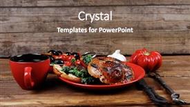  Presentation with green coffee - Audience pleasing presentation design consisting of fresh grilled beef hamburger served on red plate with black coffee glass chili pepper olives green kale leaves mushroom bell garlic and forged vintage antique cutlery wooden table empty space for text backdrop and a violet colored foreground