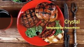  Presentation with green coffee - Colorful PPT theme enhanced with fresh grilled beef hamburger served on red plate with black coffee glass chili pepper olives green kale leaves mushroom bell garlic and forged vintage antique cutlery over wooden table backdrop and a tawny brown colored foreground