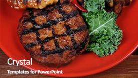  Presentation with green coffee - Slides having fresh grilled beef hamburger served on red plate with black coffee glass chili pepper olives green kale leaves mushroom bell garlic and forged vintage antique cutlery over wooden table background and a tawny brown colored foreground