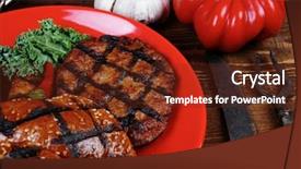  Presentation with green coffee - Theme featuring fresh grilled beef hamburger served on red plate with black coffee glass chili pepper olives green kale leaves mushroom bell garlic and forged vintage antique cutlery over wooden table background and a tawny brown colored foreground