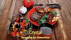  Presentation with green coffee - Audience pleasing PPT theme consisting of fresh grilled beef hamburger served on red plate with black coffee glass chili pepper olives green kale leaves mushroom bell garlic and forged vintage antique cutlery over wooden table backdrop and a tawny brown colored foreground