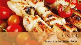  Presentation with kebab - Slide deck featuring fresh grilled chicken shish kebab served wtih tomato cherry hot peppers on skewers over red plate isolated on white background background and a yellow colored foreground