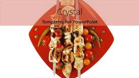  Presentation with kebab - PPT theme enhanced with fresh grilled chicken shish kebab served wtih tomato cherry hot peppers on skewers over red plate isolated on white background background and a red colored foreground