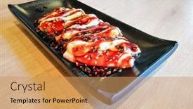  Presentation with octopus - Beautiful PPT theme featuring fresh-grilled-octopus-served backdrop and a coral colored foreground