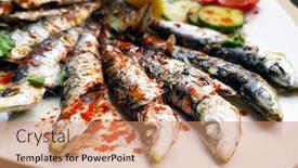  Presentation with sardines - Presentation theme consisting of fresh-grilled-sardines-served background and a coral colored foreground