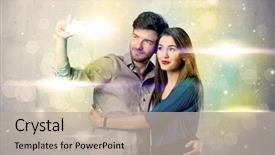  Presentation with glitter - PPT theme having fresh happy couple taking selfie photo with mobile phone in front of colorful lights glitter wall background concept background and a mint green colored foreground