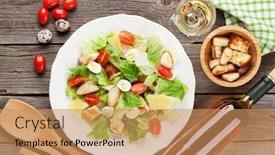  Presentation with salad - Presentation theme enhanced with fresh healthy salad and white wine on wooden table top view background and a coral colored foreground