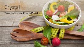  Presentation with tape measure - Presentation featuring fresh healthy salad utensil and measure tape on wooden table background background and a coral colored foreground