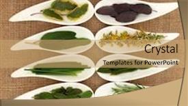  Presentation with sage - Slide deck featuring fresh herb selection of varieties of sage thyme fennel chives mint rosemary and bay leaf sprigs in white porcelain dishes over hessian background background and a coral colored foreground